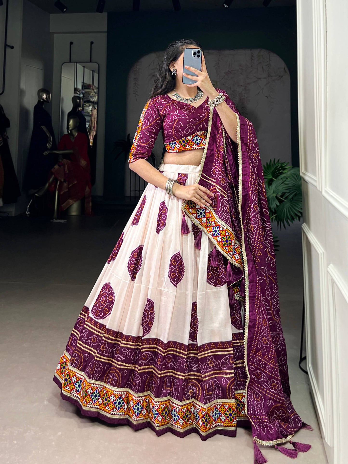 Lorenvalley Fashion Offwhite Tasar Silk Bandhej Print and Gamthi Work with Lace Touch Up Lehenga Choli with Dupatta | Swadesiicart