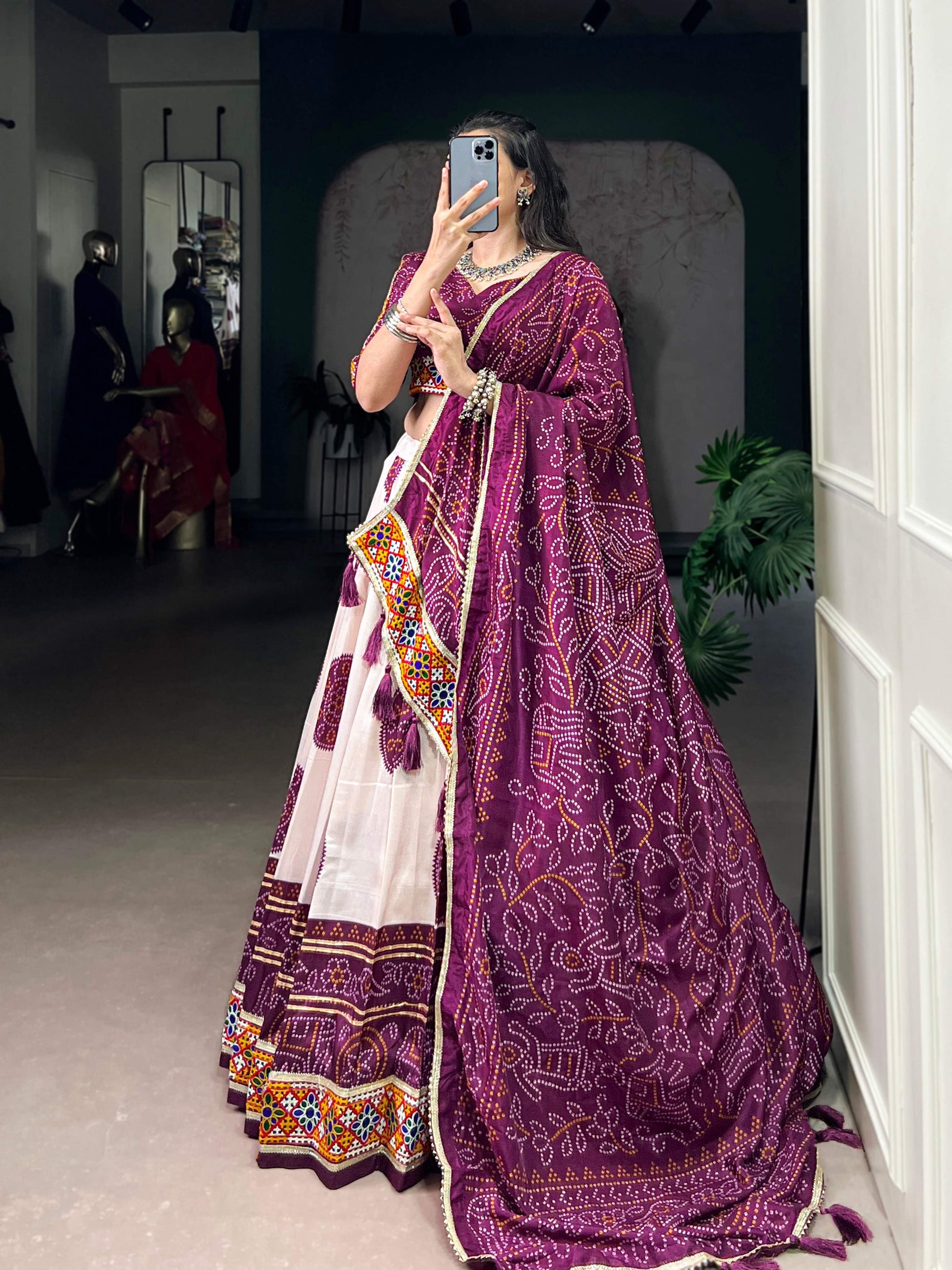 Lorenvalley Fashion Offwhite Tasar Silk Bandhej Print and Gamthi Work with Lace Touch Up Lehenga Choli with Dupatta | Swadesiicart