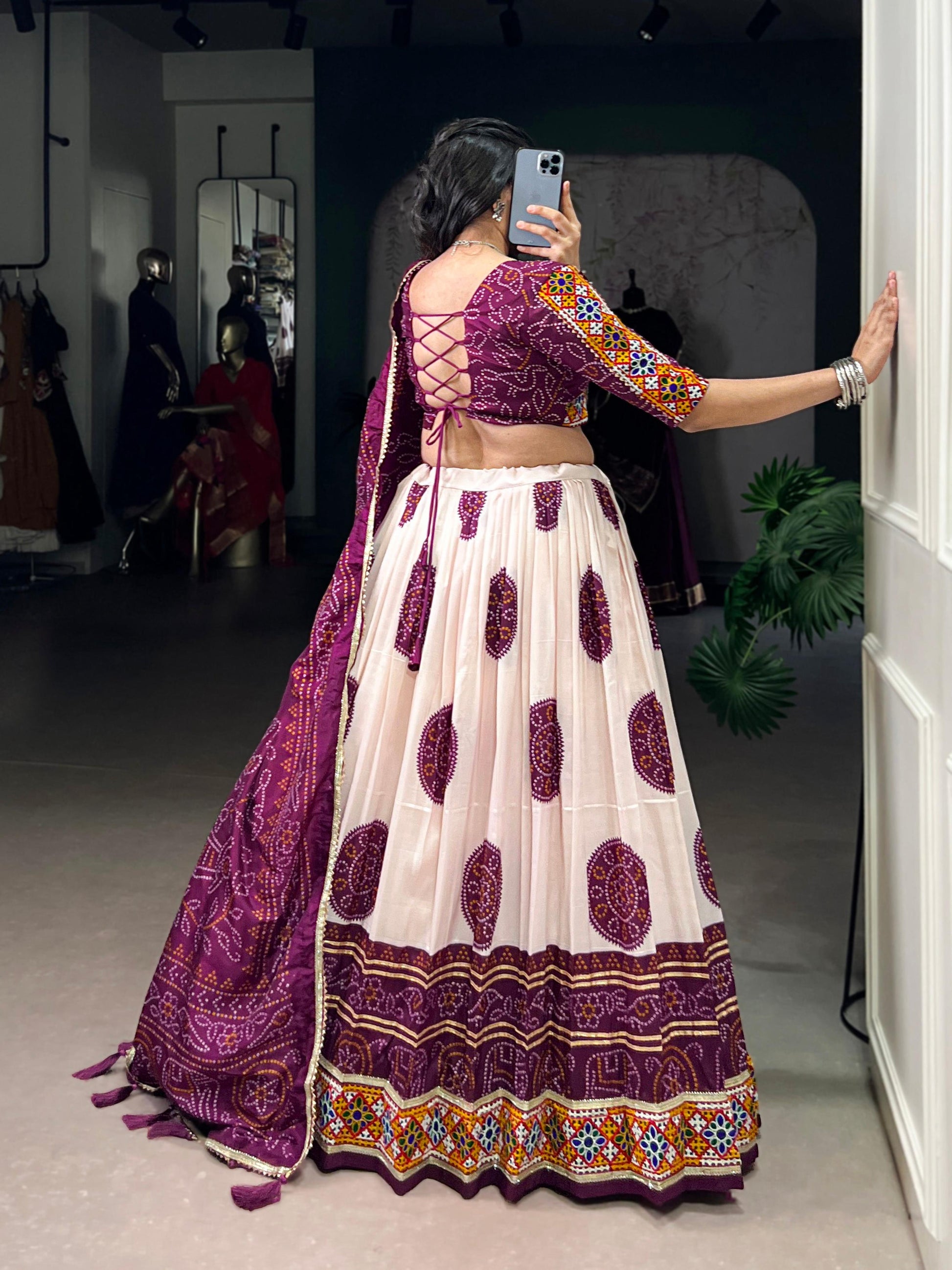 Lorenvalley Fashion Offwhite Tasar Silk Bandhej Print and Gamthi Work with Lace Touch Up Lehenga Choli with Dupatta | Swadesiicart