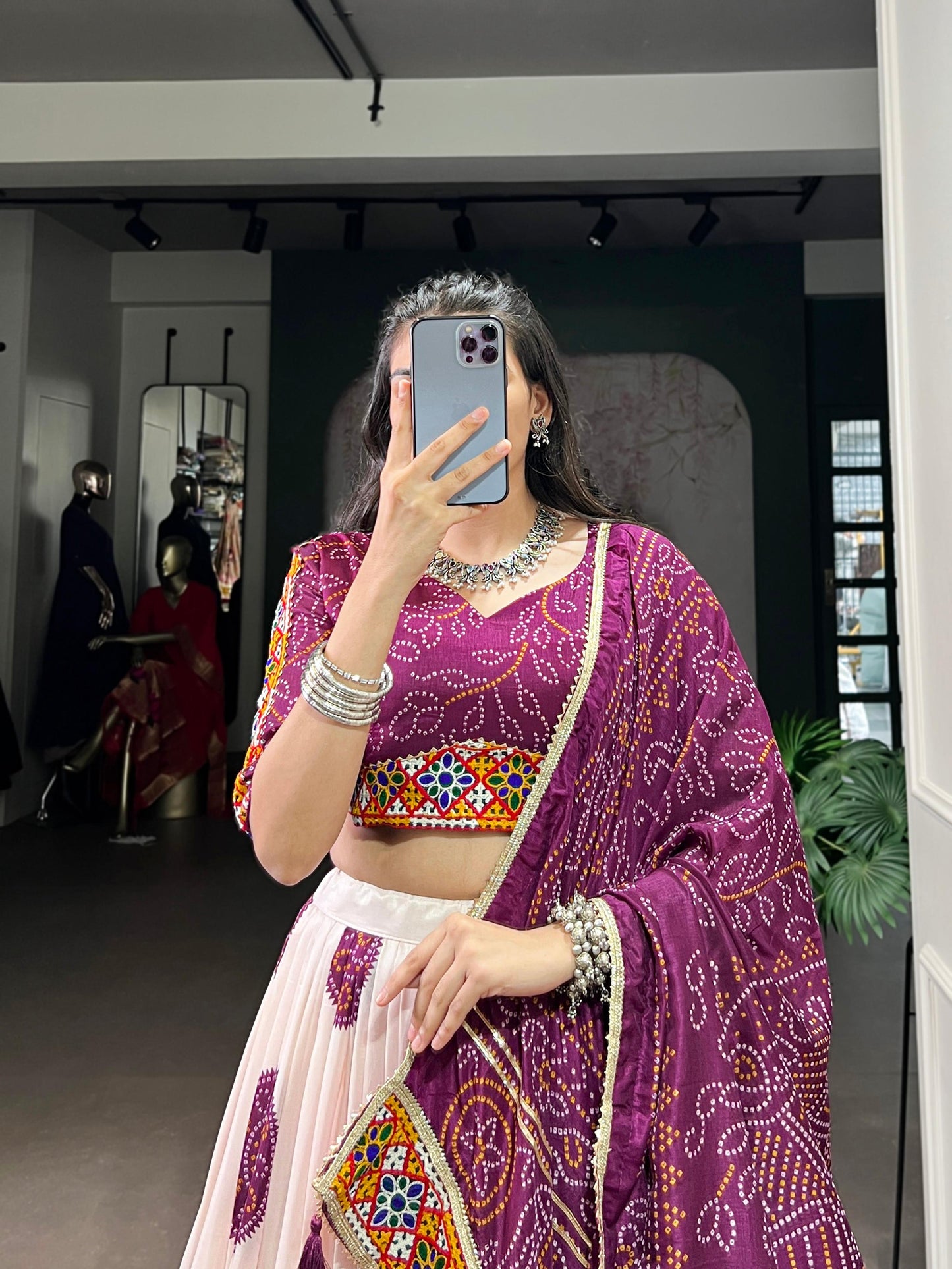 Lorenvalley Fashion Offwhite Tasar Silk Bandhej Print and Gamthi Work with Lace Touch Up Lehenga Choli with Dupatta | Swadesiicart