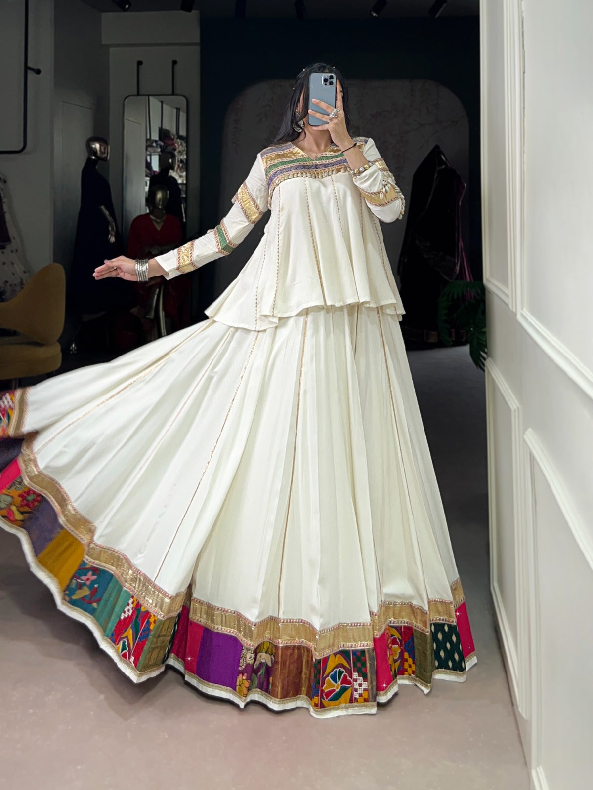 Lorenvalley Fashion White Pure Rayon Multi Patch Work With Gota Patti Lace Touch Up Lehenga Choli | Swadesiicart