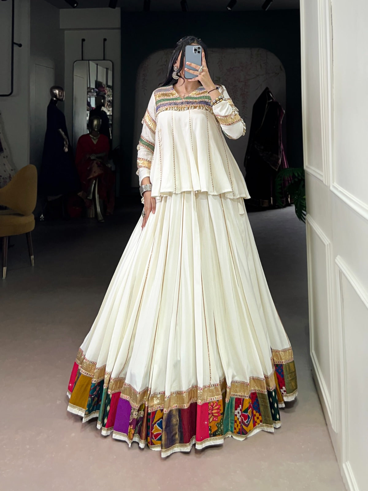 Lorenvalley Fashion White Pure Rayon Multi Patch Work With Gota Patti Lace Touch Up Lehenga Choli | Swadesiicart