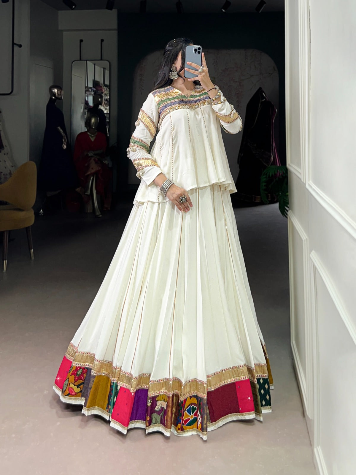 Lorenvalley Fashion White Pure Rayon Multi Patch Work With Gota Patti Lace Touch Up Lehenga Choli | Swadesiicart