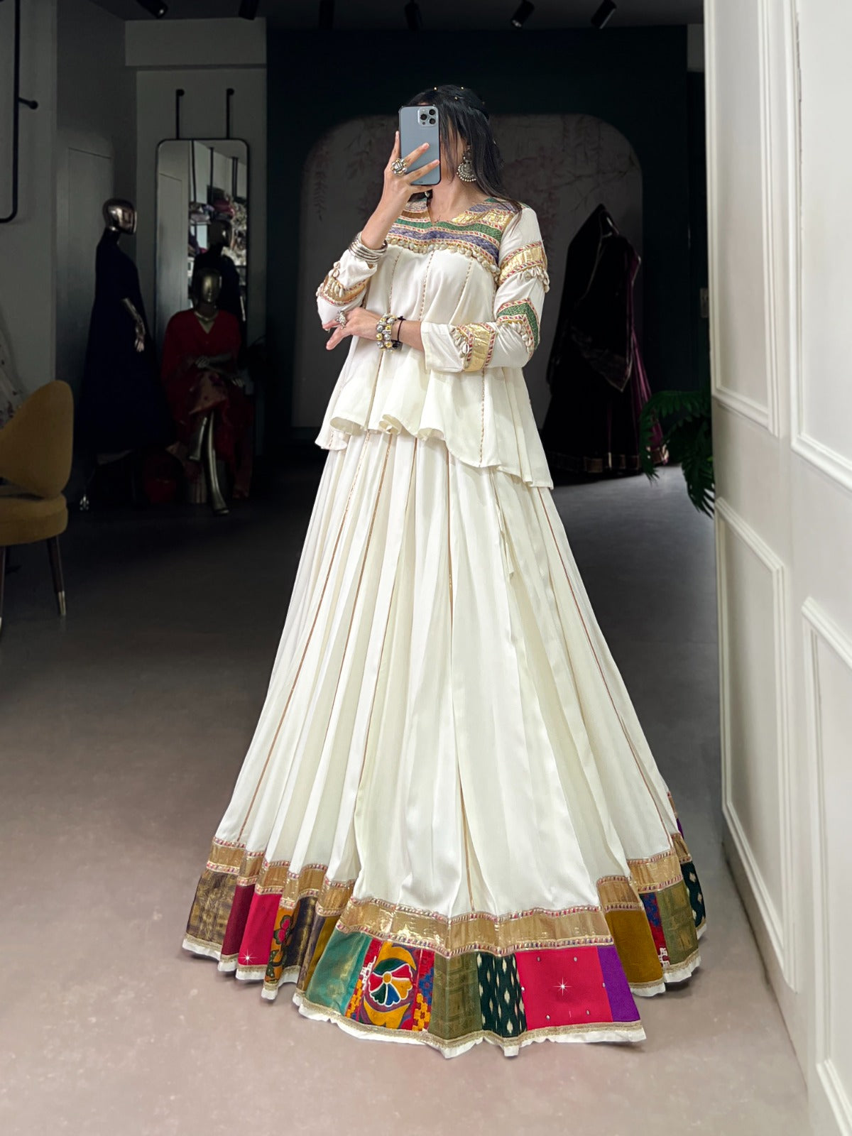 Lorenvalley Fashion White Pure Rayon Multi Patch Work With Gota Patti Lace Touch Up Lehenga Choli | Swadesiicart