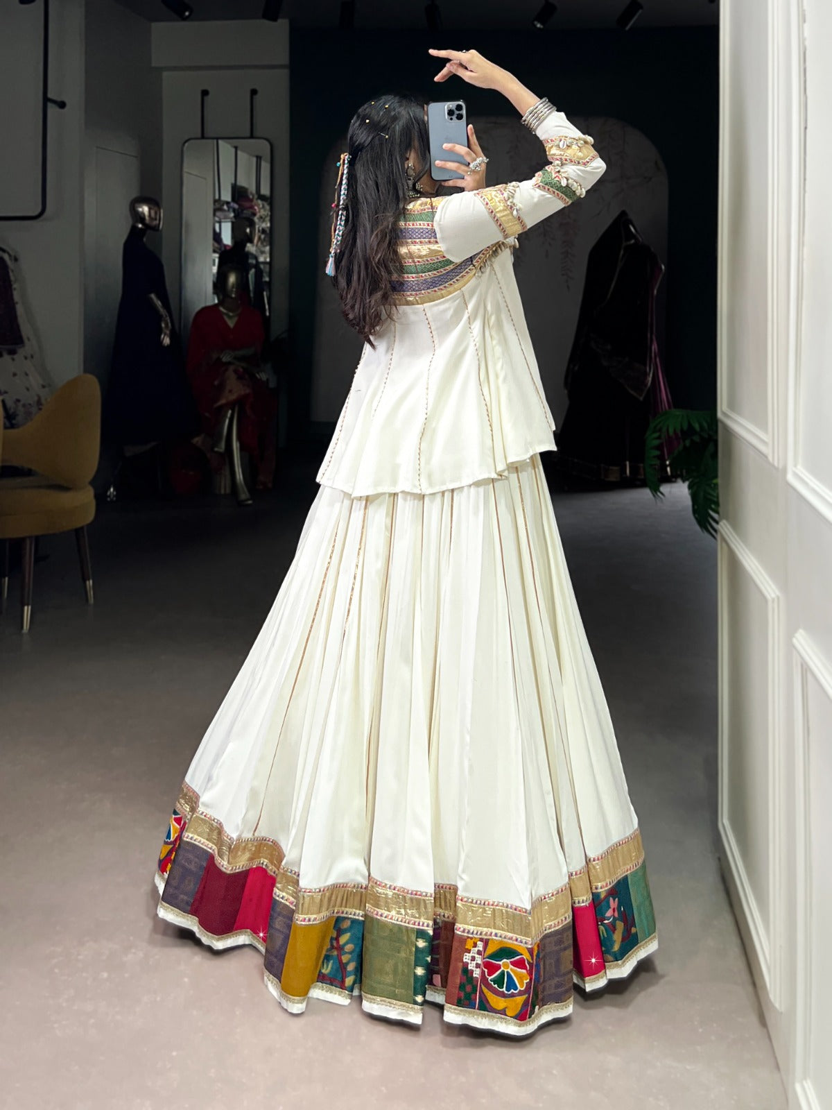 Lorenvalley Fashion White Pure Rayon Multi Patch Work With Gota Patti Lace Touch Up Lehenga Choli | Swadesiicart