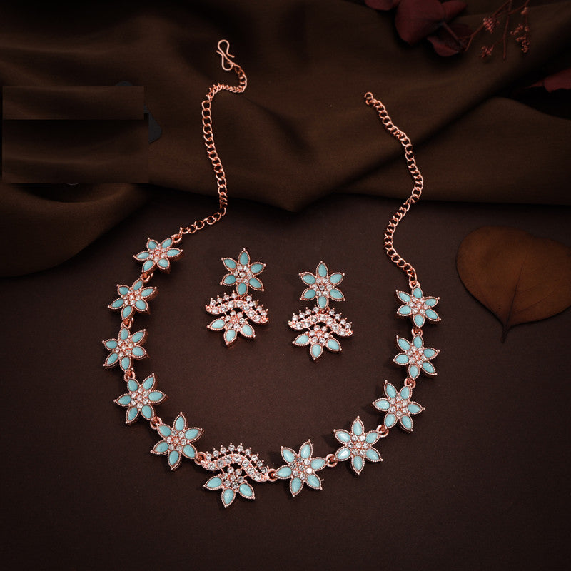 Tehzeeb Creations Sky Blue Colour Star Design Stone Studded Necklace With Earrings - Swadesiicart