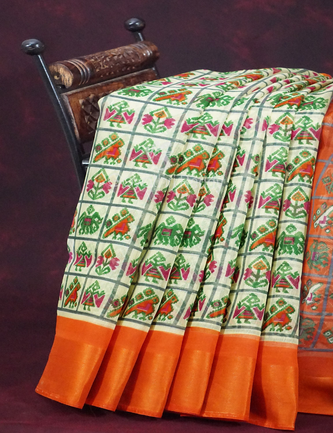 Shades of Cream And Orange Colour Blouse Patola Design Semi Chanderi Saree By Gayathri Reddy Designer Studio | Swadesiicart
