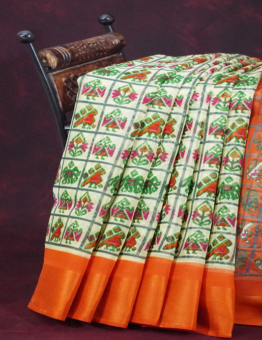 Shades of Cream And Orange Colour Blouse Patola Design Semi Chanderi Saree By Gayathri Reddy Designer Studio | Swadesiicart