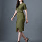 Myshka Women Olive Polyester A-Line Round Neck Solid Knee Length Short Sleeves Co-Ords - Swadesiicart