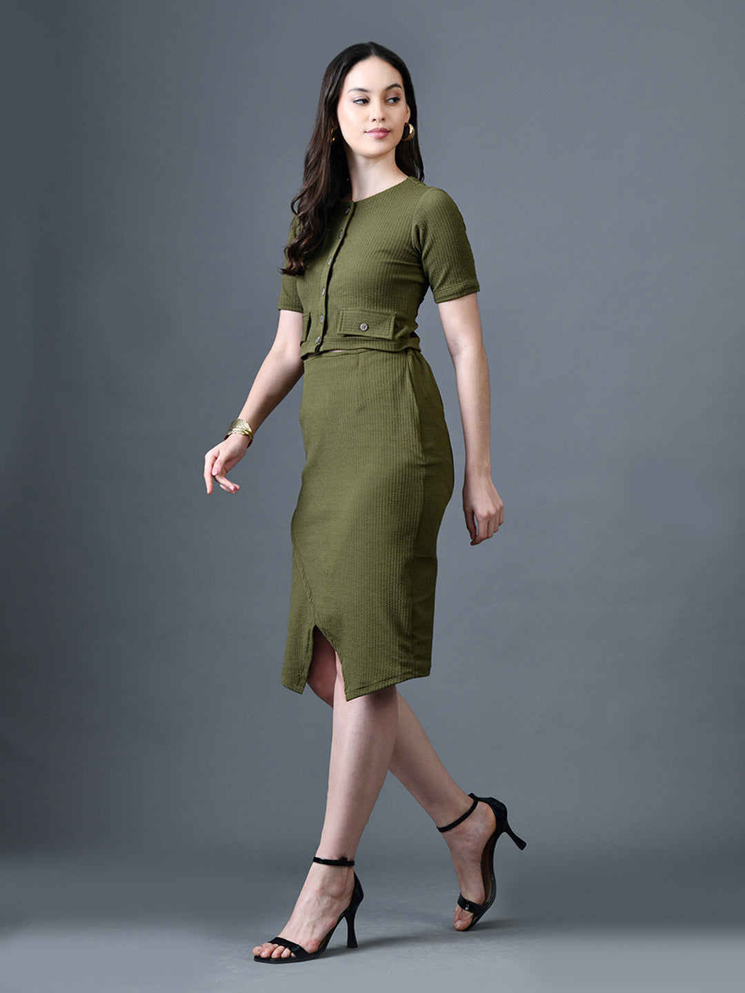 Myshka Women Olive Polyester A-Line Round Neck Solid Knee Length Short Sleeves Co-Ords - Swadesiicart