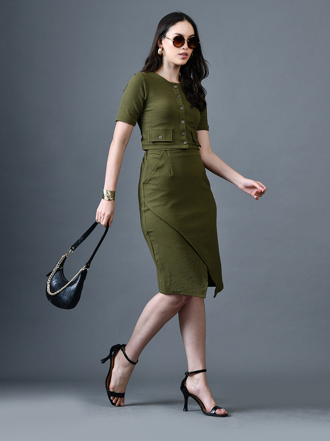 Myshka Women Olive Polyester A-Line Round Neck Solid Knee Length Short Sleeves Co-Ords - Swadesiicart
