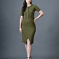 Myshka Women Olive Polyester A-Line Round Neck Solid Knee Length Short Sleeves Co-Ords - Swadesiicart