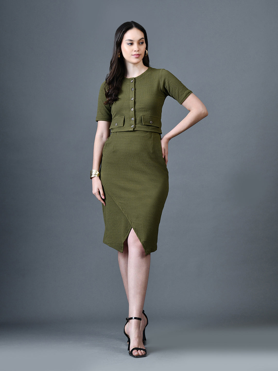 Myshka Women Olive Polyester A-Line Round Neck Solid Knee Length Short Sleeves Co-Ords - Swadesiicart