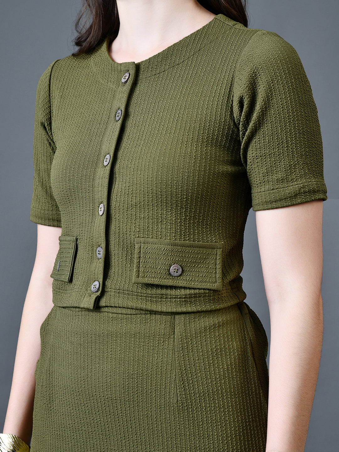 Myshka Women Olive Polyester A-Line Round Neck Solid Knee Length Short Sleeves Co-Ords - Swadesiicart