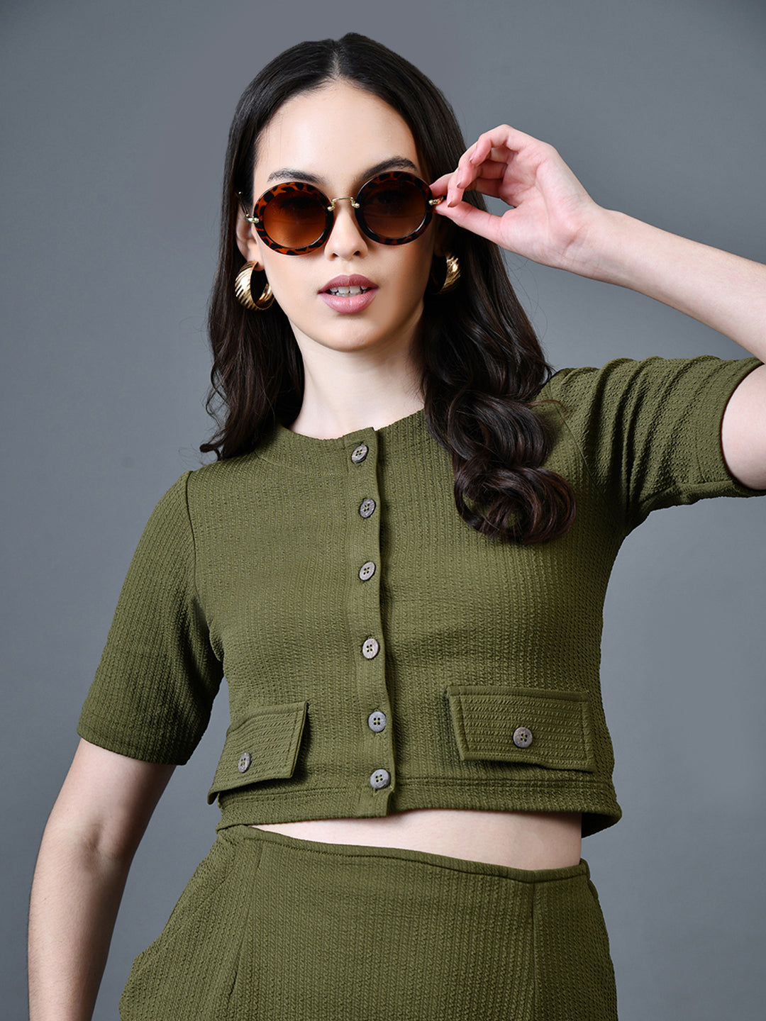Myshka Women Olive Polyester A-Line Round Neck Solid Knee Length Short Sleeves Co-Ords - Swadesiicart