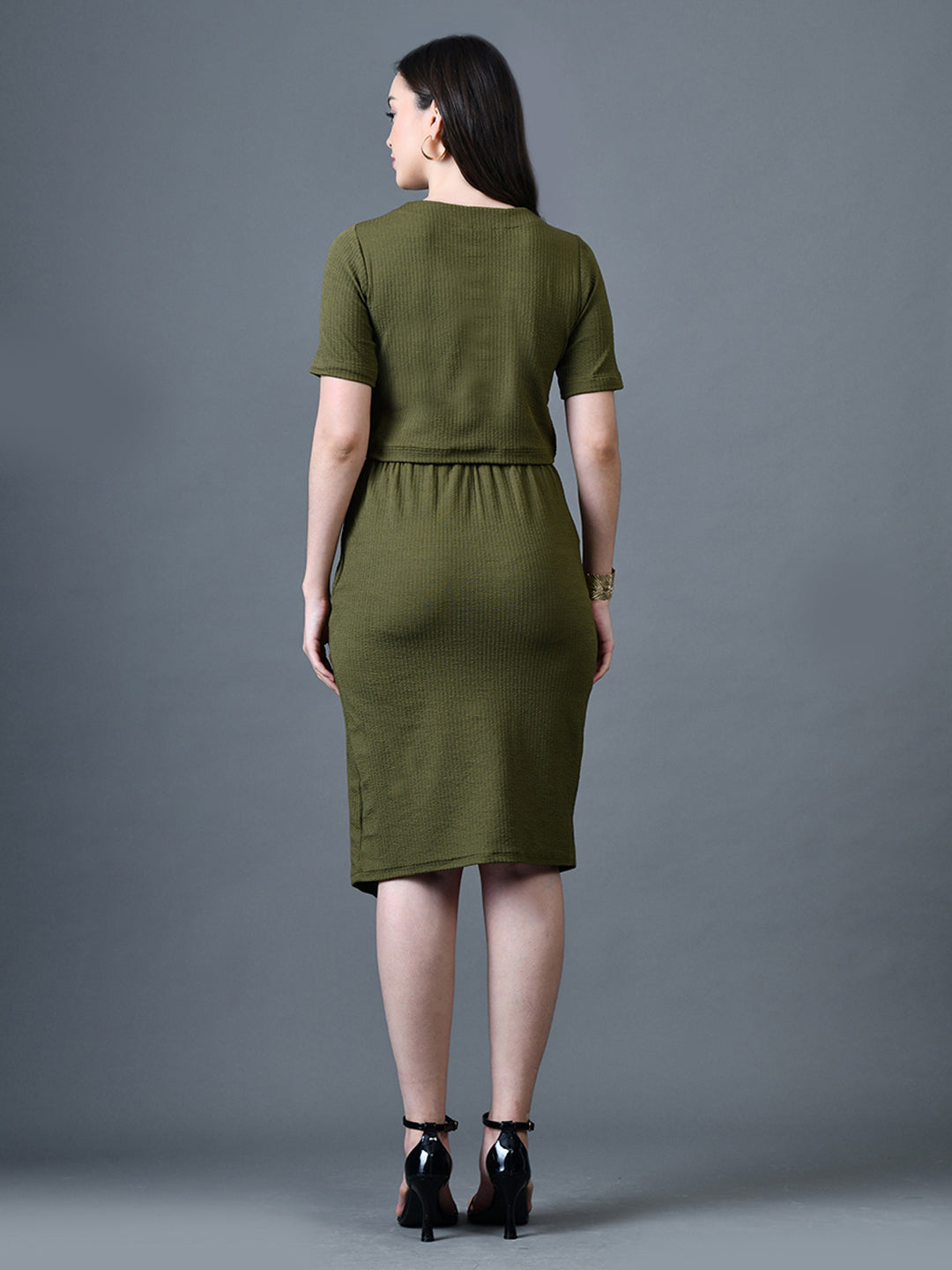 Myshka Women Olive Polyester A-Line Round Neck Solid Knee Length Short Sleeves Co-Ords - Swadesiicart