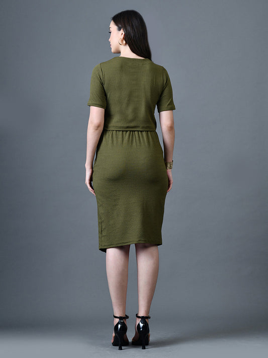 Myshka Women Olive Polyester A-Line Round Neck Solid Knee Length Short Sleeves Co-Ords - Swadesiicart