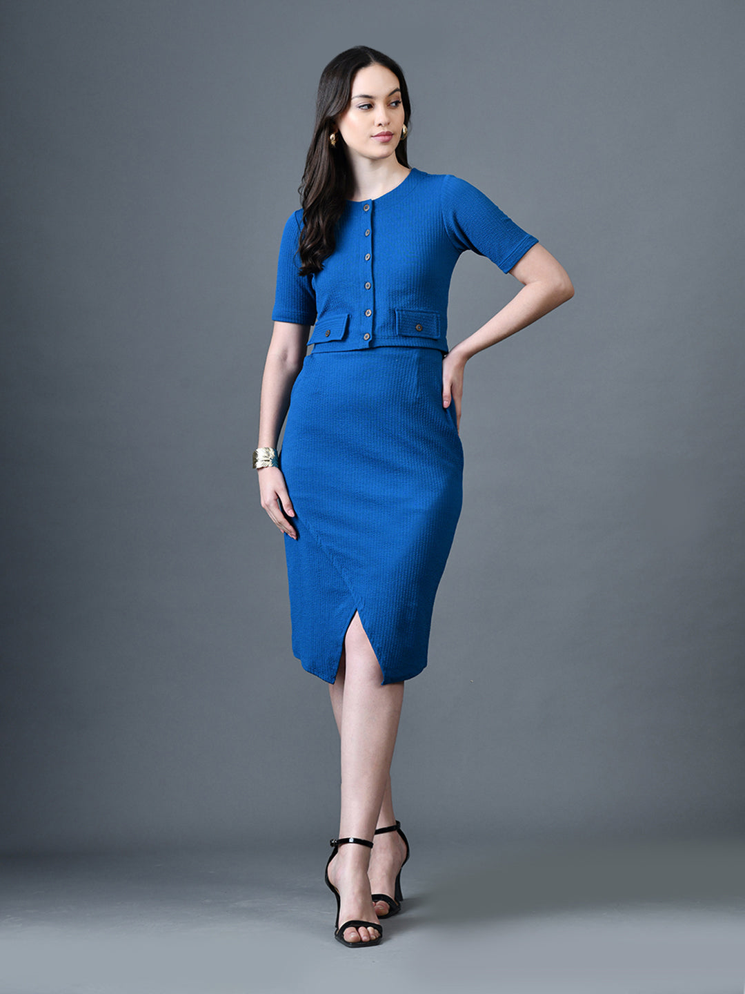 Myshka Women Blue Polyester A-Line Round Neck Solid Knee Length Short Sleeves Co-Ords - Swadesiicart