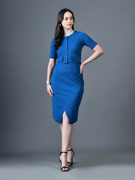 Myshka Women Blue Polyester A-Line Round Neck Solid Knee Length Short Sleeves Co-Ords - Swadesiicart