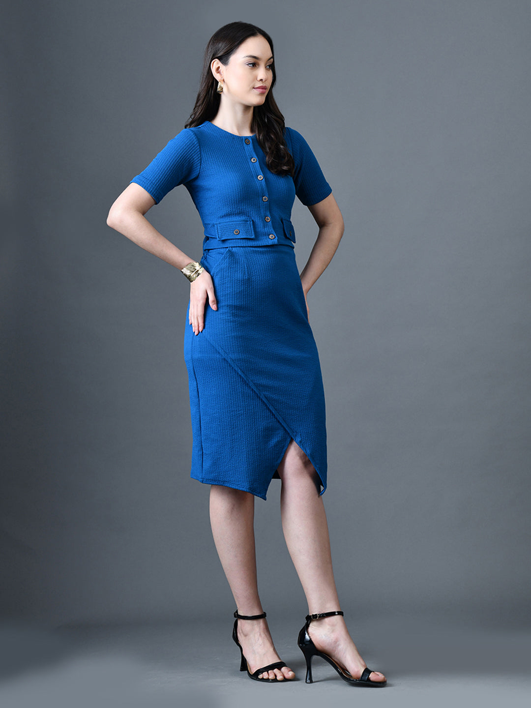 Myshka Women Blue Polyester A-Line Round Neck Solid Knee Length Short Sleeves Co-Ords - Swadesiicart