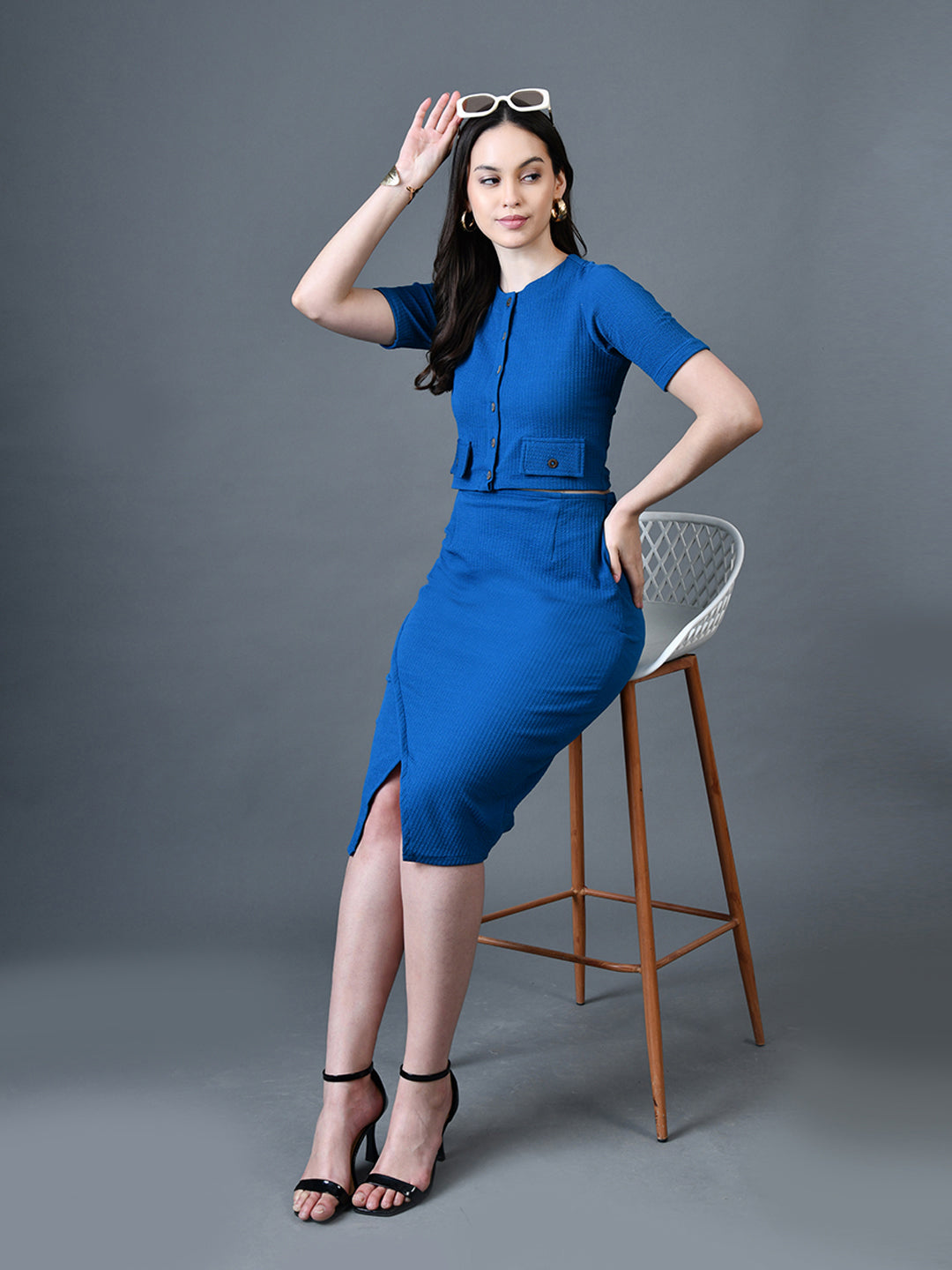 Myshka Women Blue Polyester A-Line Round Neck Solid Knee Length Short Sleeves Co-Ords - Swadesiicart