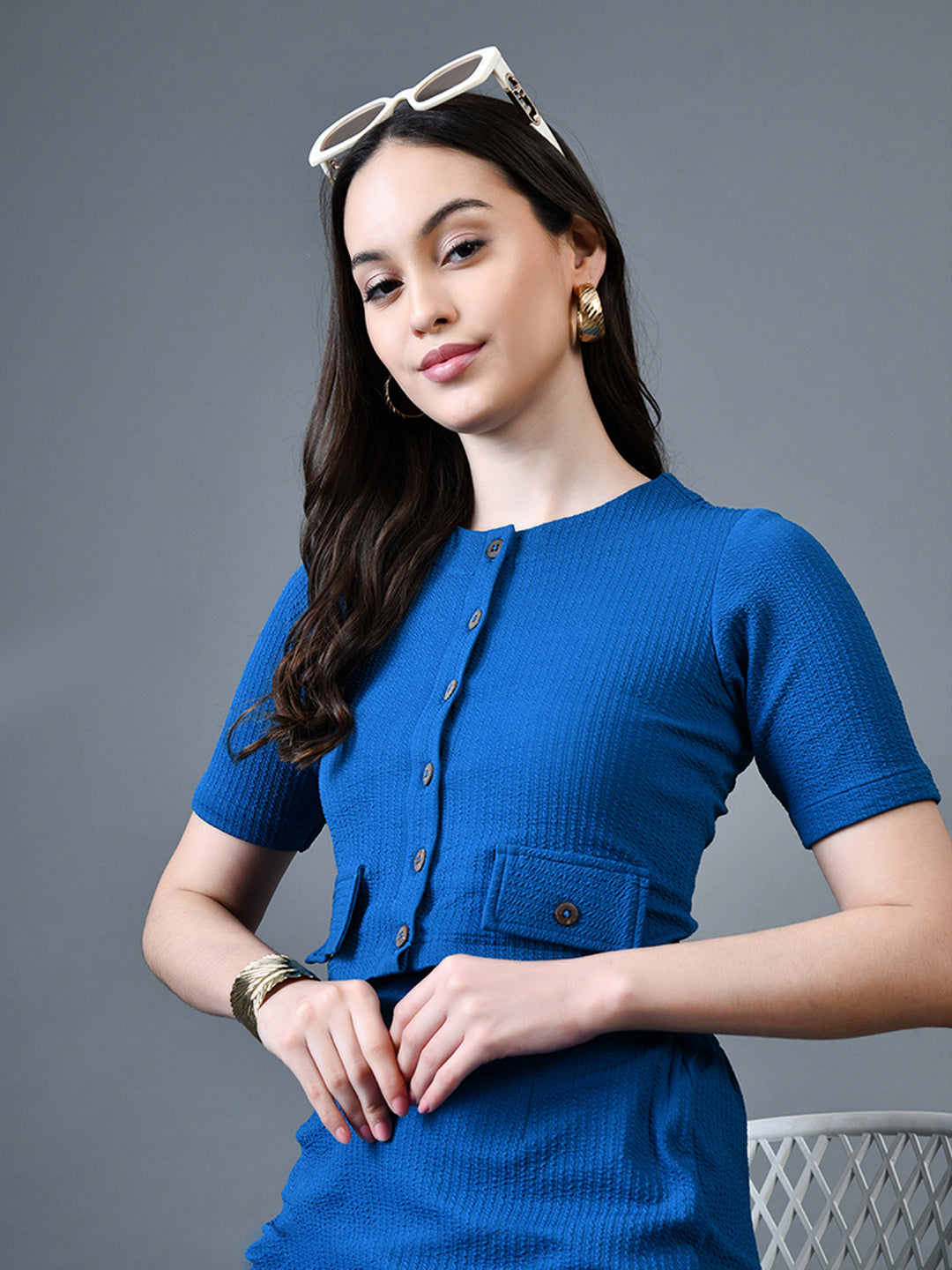 Myshka Women Blue Polyester A-Line Round Neck Solid Knee Length Short Sleeves Co-Ords - Swadesiicart
