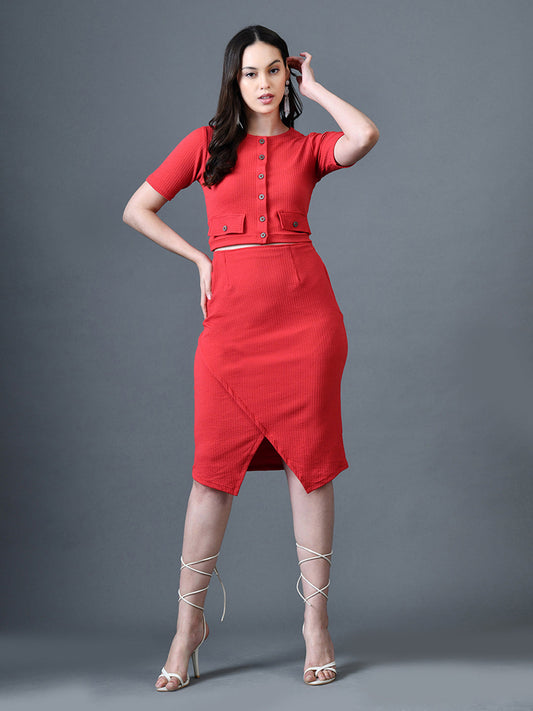 Myshka Women Red Polyester A-Line Round Neck Solid Knee Length Short Sleeves Co-Ords - Swadesiicart