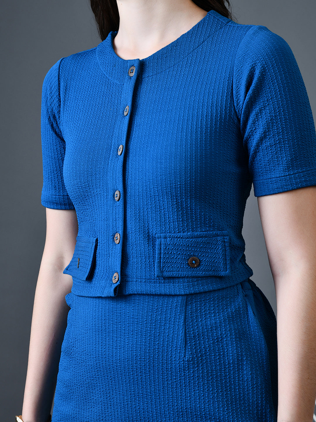 Myshka Women Blue Polyester A-Line Round Neck Solid Knee Length Short Sleeves Co-Ords - Swadesiicart