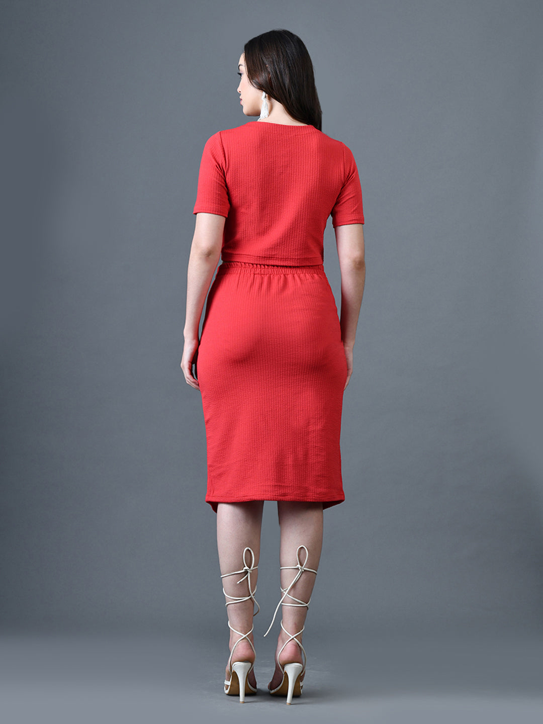 Myshka Women Red Polyester A-Line Round Neck Solid Knee Length Short Sleeves Co-Ords - Swadesiicart