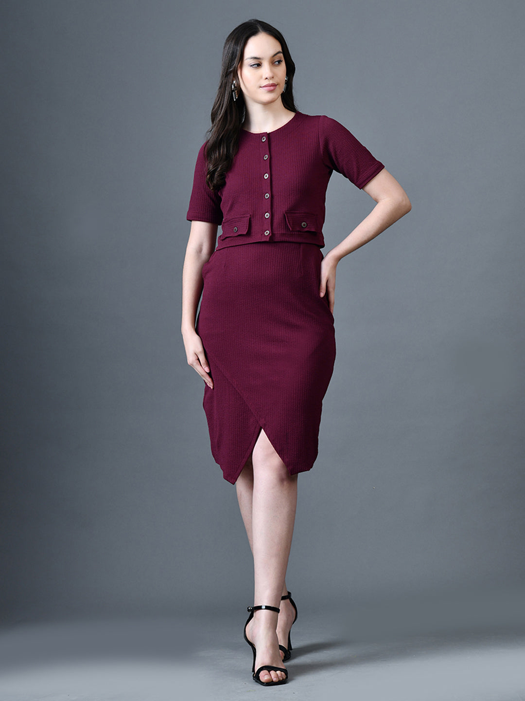 Myshka Women Magenta Polyester A-Line Round Neck Solid Knee Length Short Sleeves Co-Ords - Swadesiicart