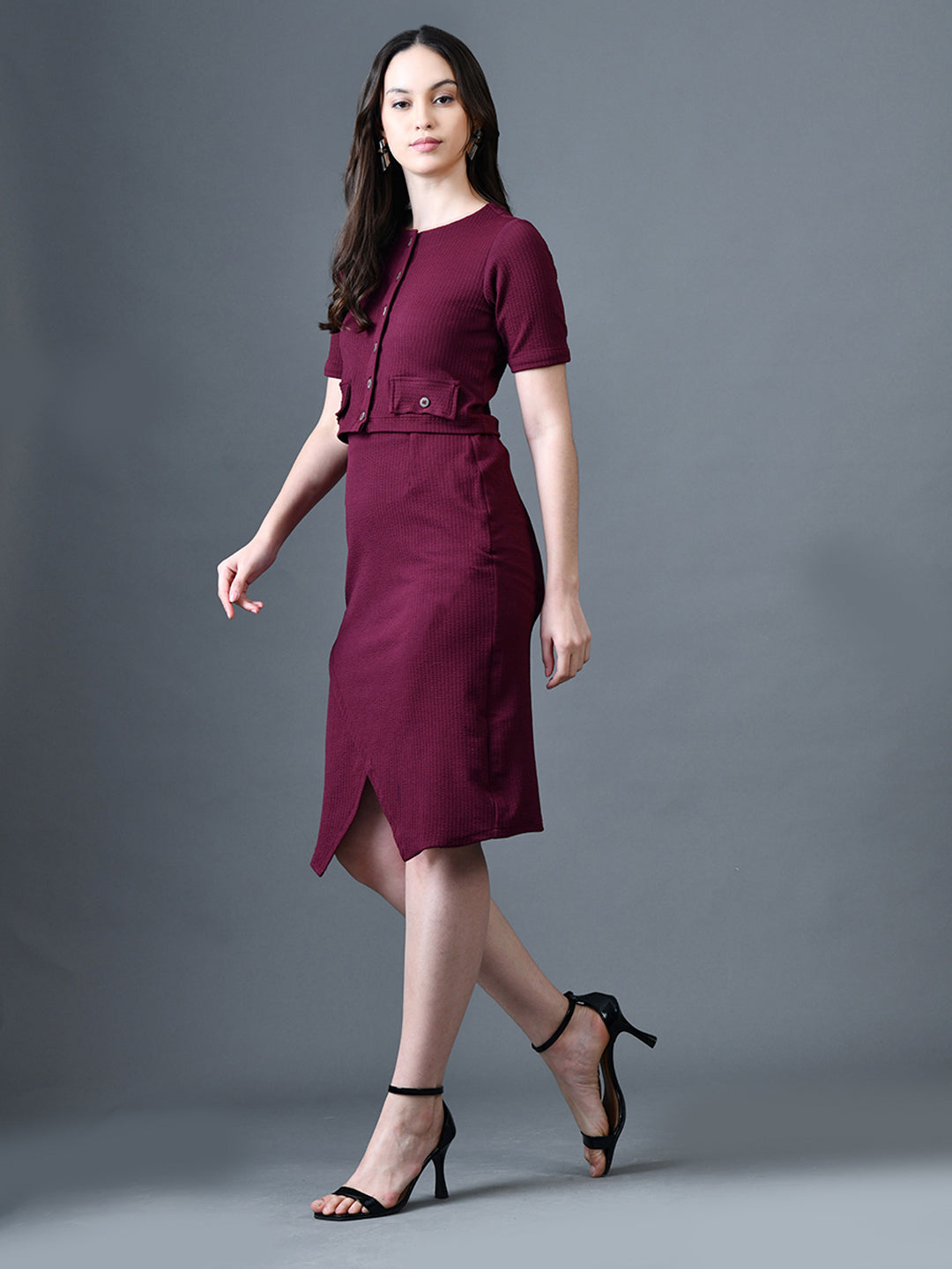 Myshka Women Magenta Polyester A-Line Round Neck Solid Knee Length Short Sleeves Co-Ords - Swadesiicart