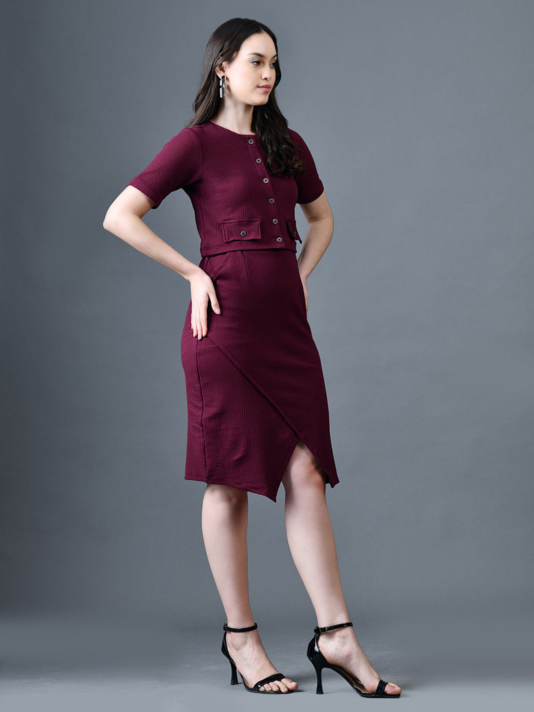 Myshka Women Magenta Polyester A-Line Round Neck Solid Knee Length Short Sleeves Co-Ords - Swadesiicart