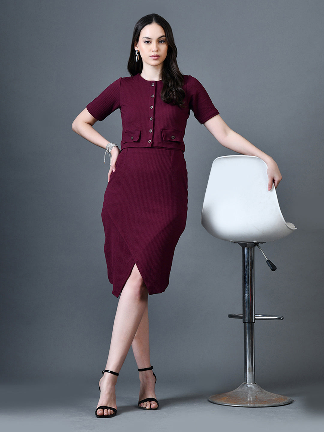 Myshka Women Magenta Polyester A-Line Round Neck Solid Knee Length Short Sleeves Co-Ords - Swadesiicart