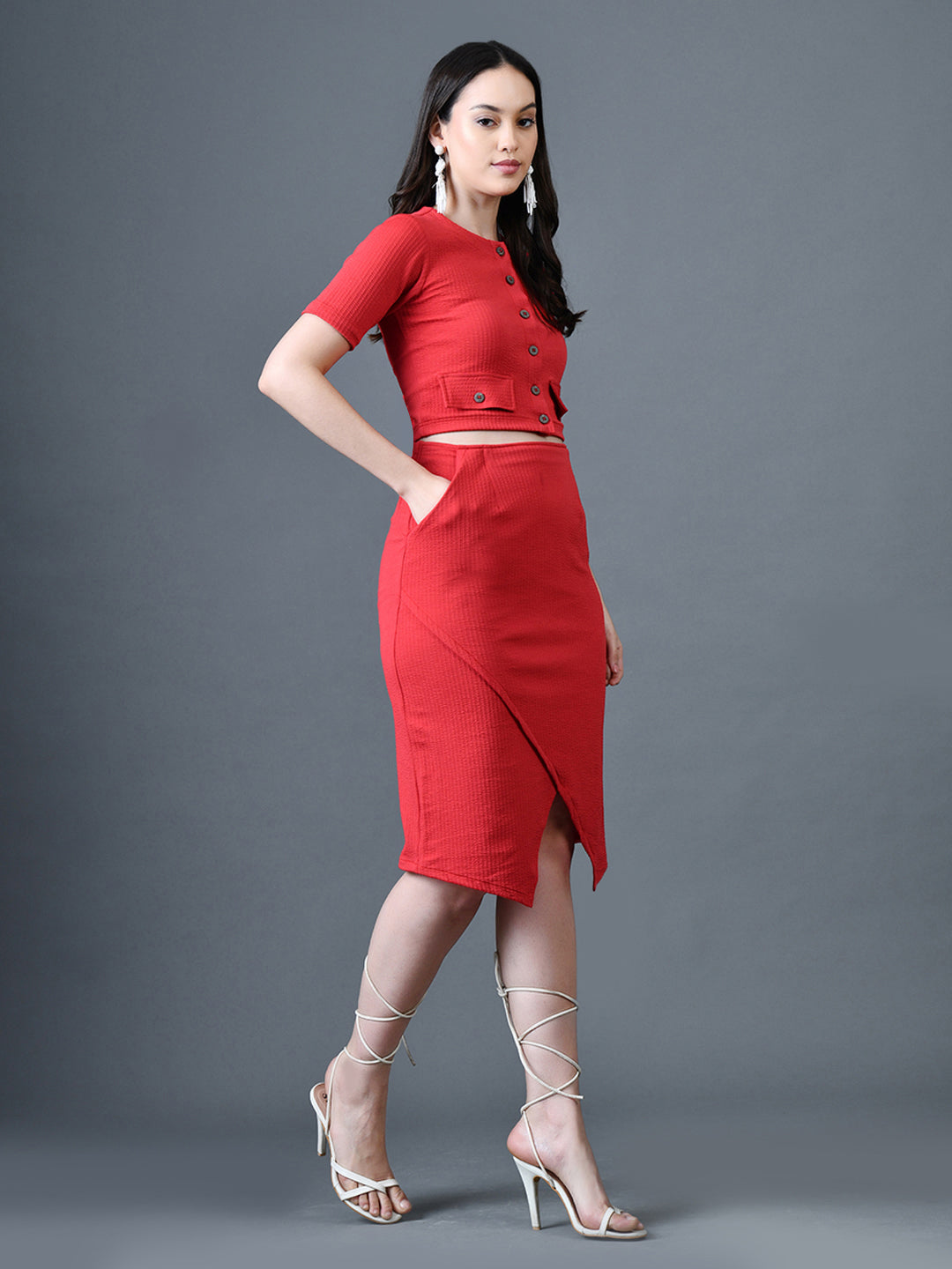 Myshka Women Red Polyester A-Line Round Neck Solid Knee Length Short Sleeves Co-Ords - Swadesiicart