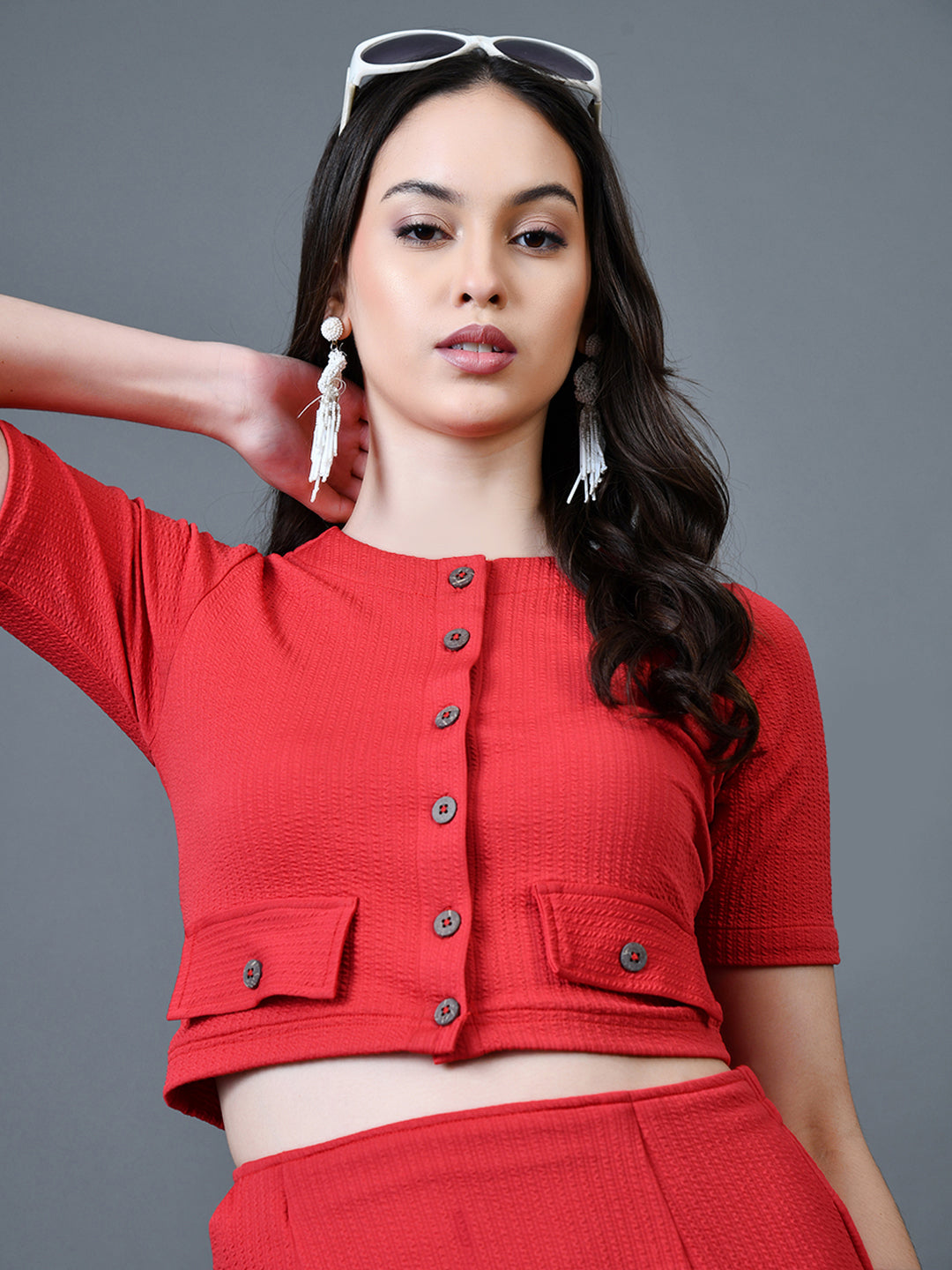 Myshka Women Red Polyester A-Line Round Neck Solid Knee Length Short Sleeves Co-Ords - Swadesiicart
