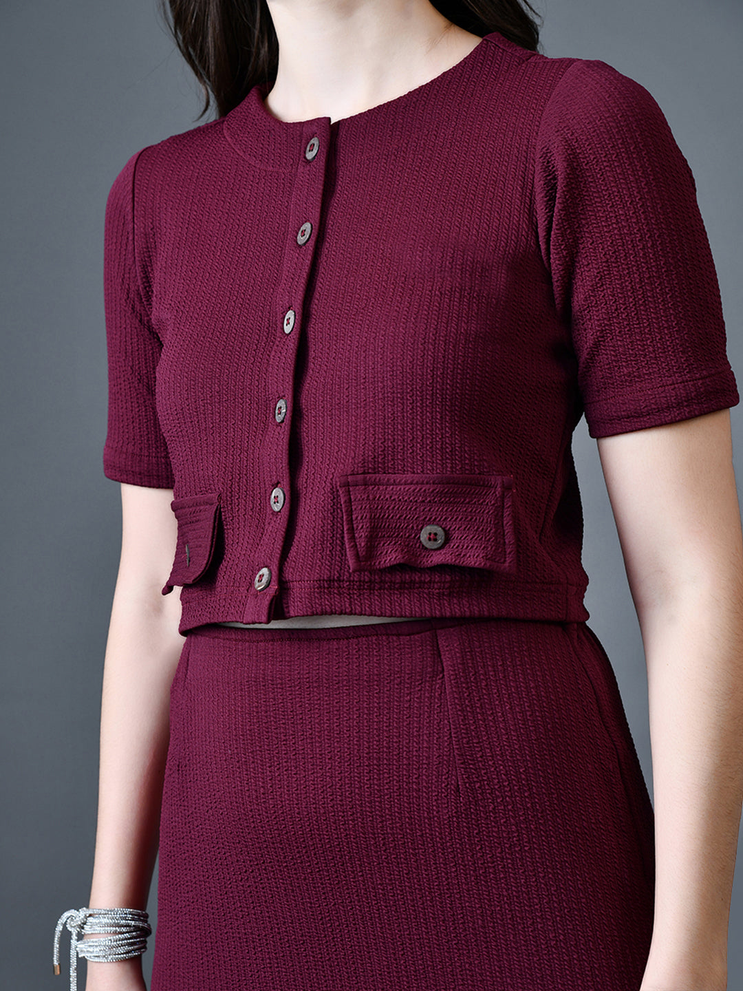 Myshka Women Magenta Polyester A-Line Round Neck Solid Knee Length Short Sleeves Co-Ords - Swadesiicart
