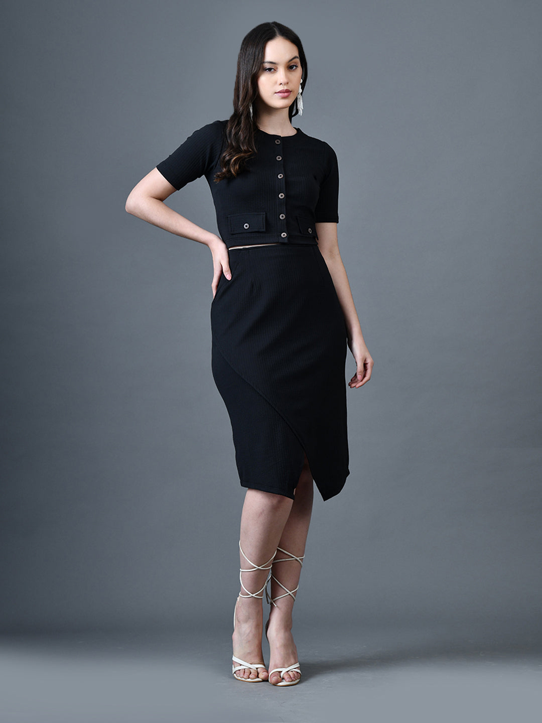 Myshka Women Black Polyester A-Line Round Neck Solid Knee Length Short Sleeves Co-Ords - Swadesiicart