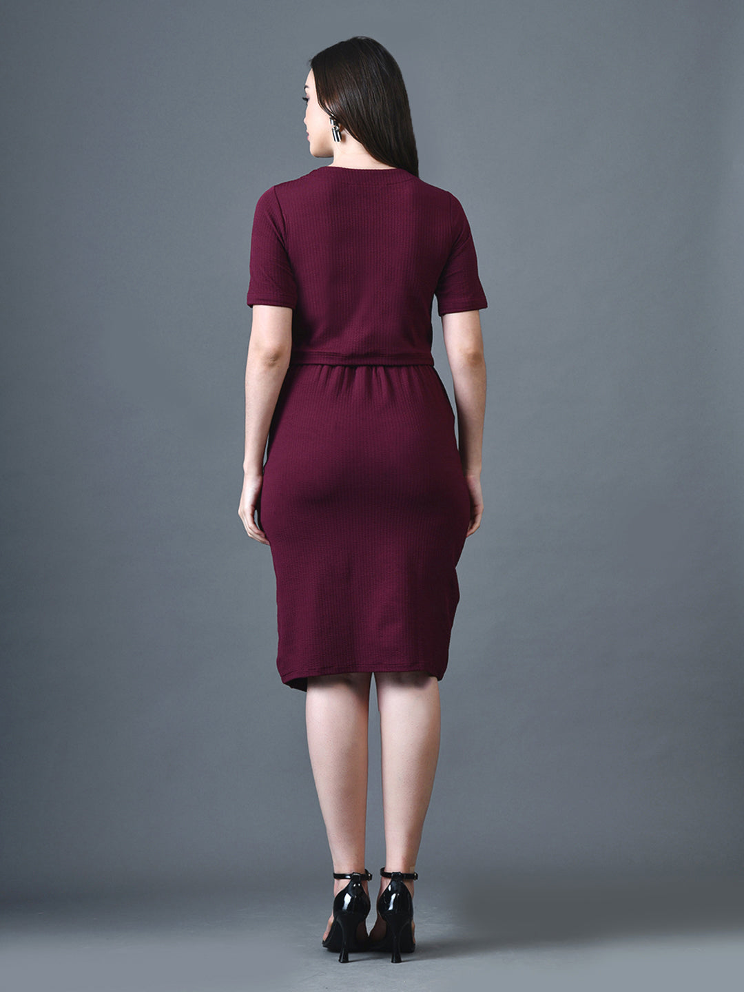 Myshka Women Magenta Polyester A-Line Round Neck Solid Knee Length Short Sleeves Co-Ords - Swadesiicart