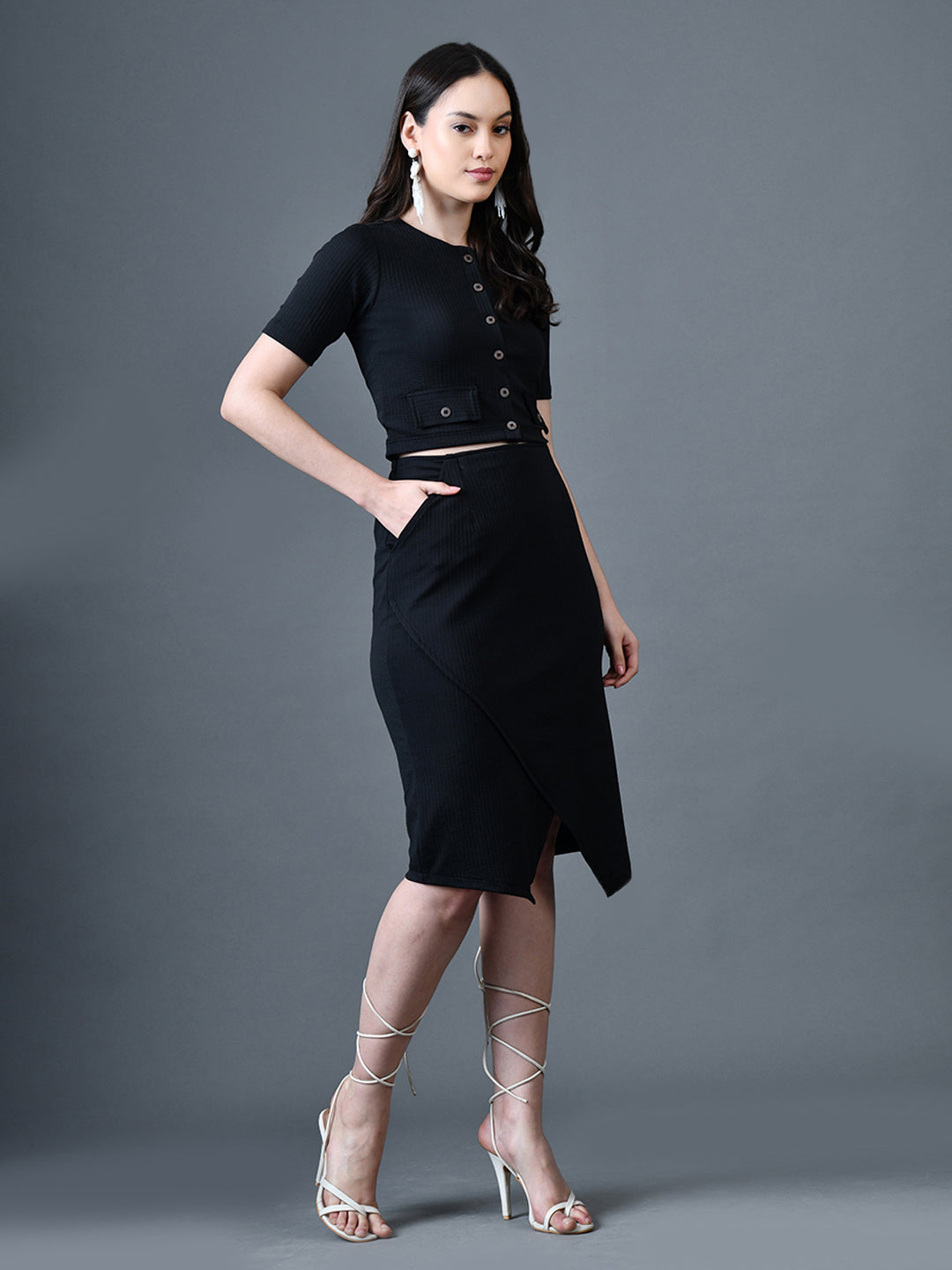 Myshka Women Black Polyester A-Line Round Neck Solid Knee Length Short Sleeves Co-Ords - Swadesiicart