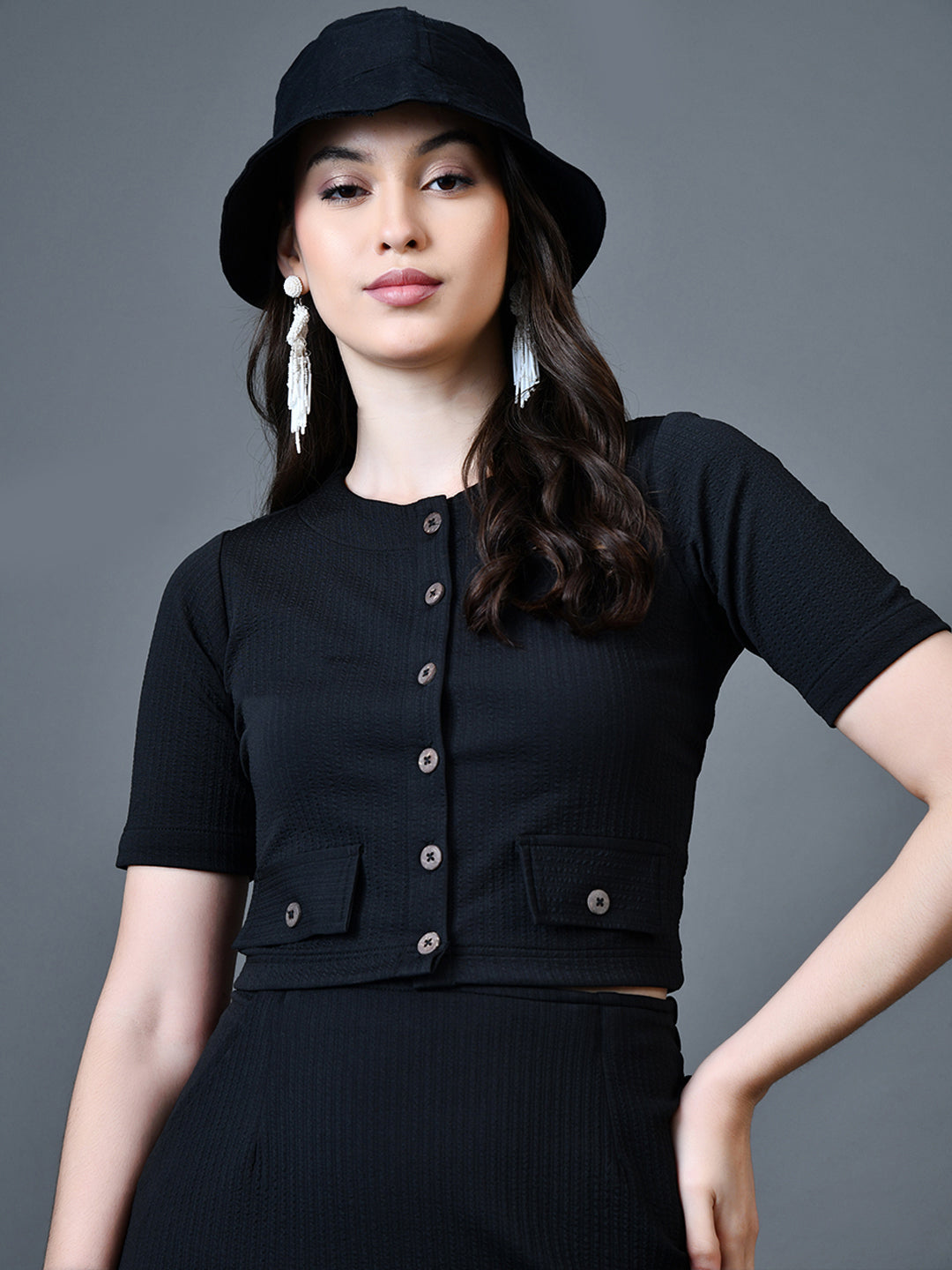 Myshka Women Black Polyester A-Line Round Neck Solid Knee Length Short Sleeves Co-Ords - Swadesiicart