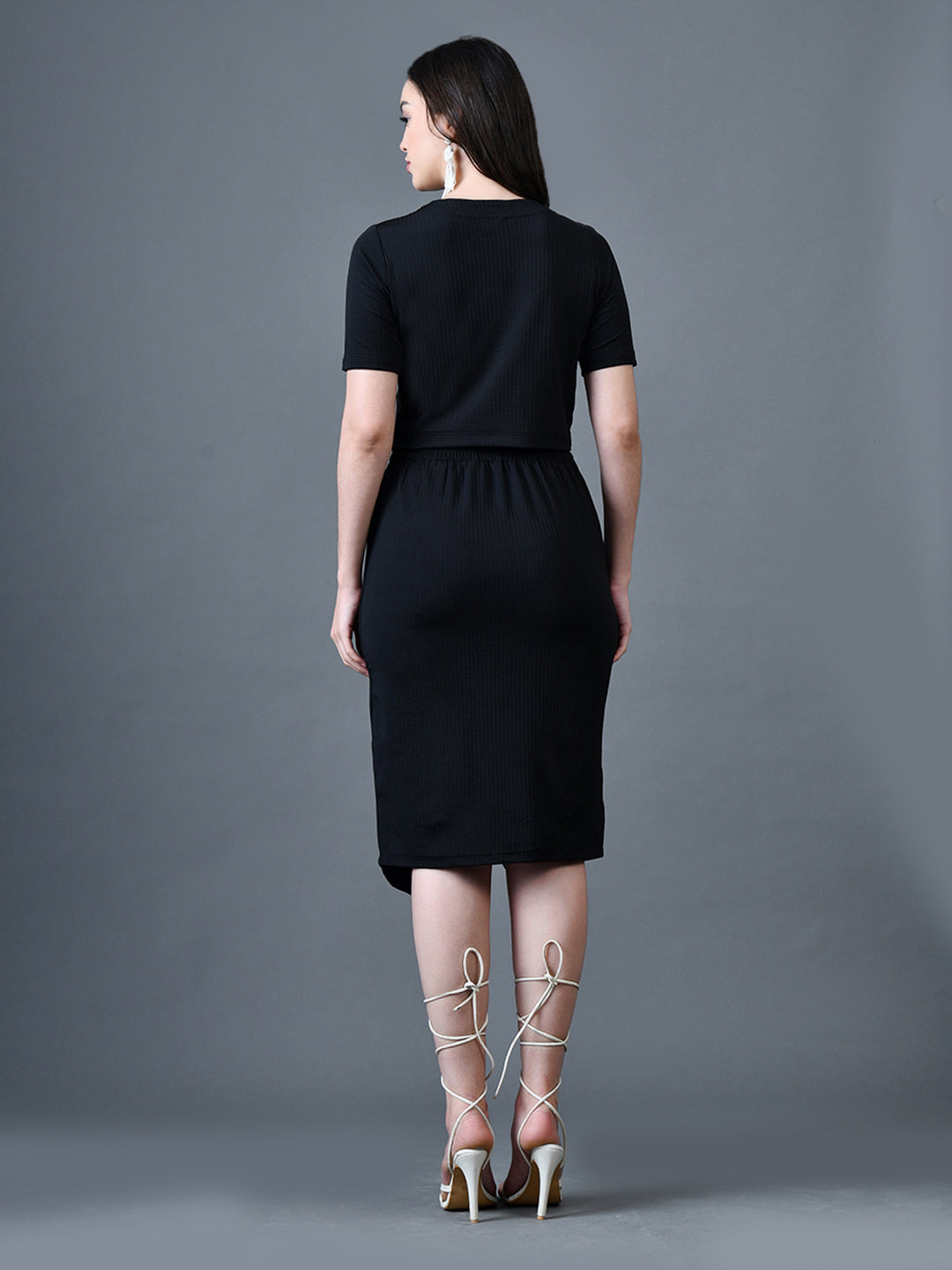 Myshka Women Black Polyester A-Line Round Neck Solid Knee Length Short Sleeves Co-Ords - Swadesiicart