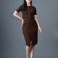 Myshka Women Brown Polyester A-Line Round Neck Solid Knee Length Short Sleeves Co-Ords - Swadesiicart