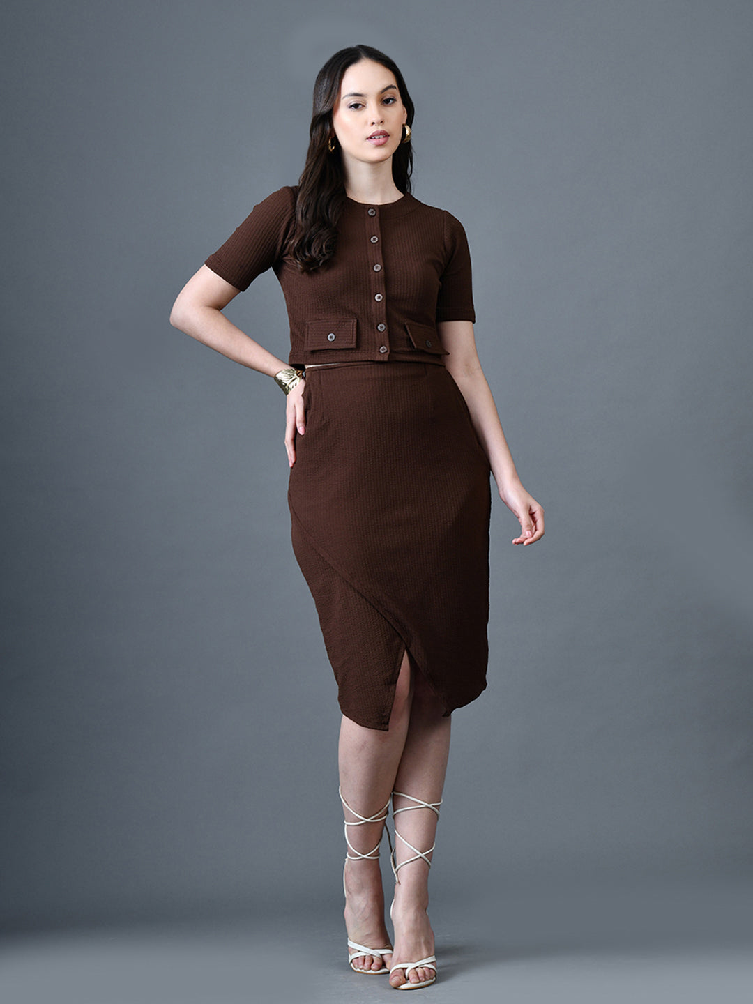 Myshka Women Brown Polyester A-Line Round Neck Solid Knee Length Short Sleeves Co-Ords - Swadesiicart