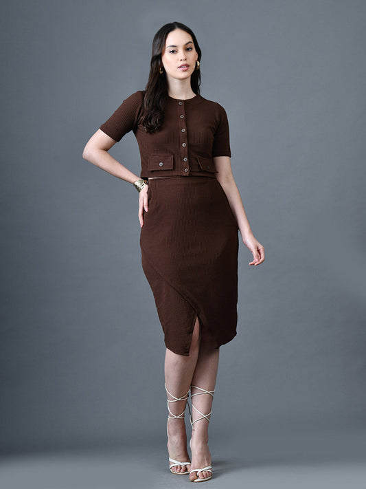 Myshka Women Brown Polyester A-Line Round Neck Solid Knee Length Short Sleeves Co-Ords - Swadesiicart