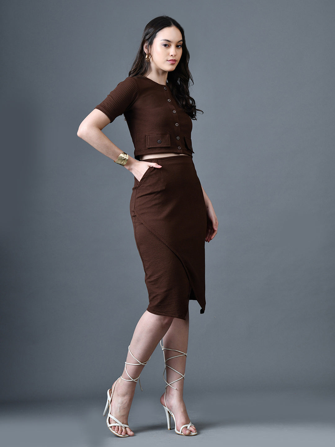 Myshka Women Brown Polyester A-Line Round Neck Solid Knee Length Short Sleeves Co-Ords - Swadesiicart