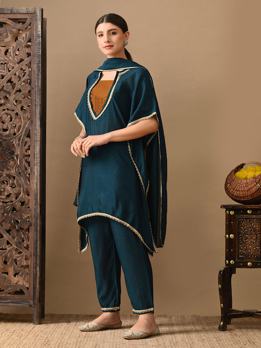 Myshka Green Silk Blend Kaftan Sweetheart Neck Short Sleeves Kurta Trousers With Dupatta - Swadesiicart