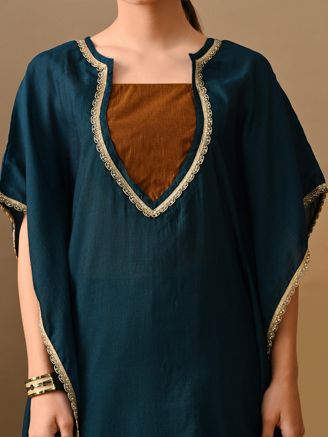 Myshka Green Silk Blend Kaftan Sweetheart Neck Short Sleeves Kurta Trousers With Dupatta - Swadesiicart