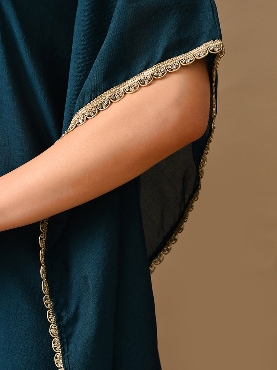Myshka Green Silk Blend Kaftan Sweetheart Neck Short Sleeves Kurta Trousers With Dupatta - Swadesiicart