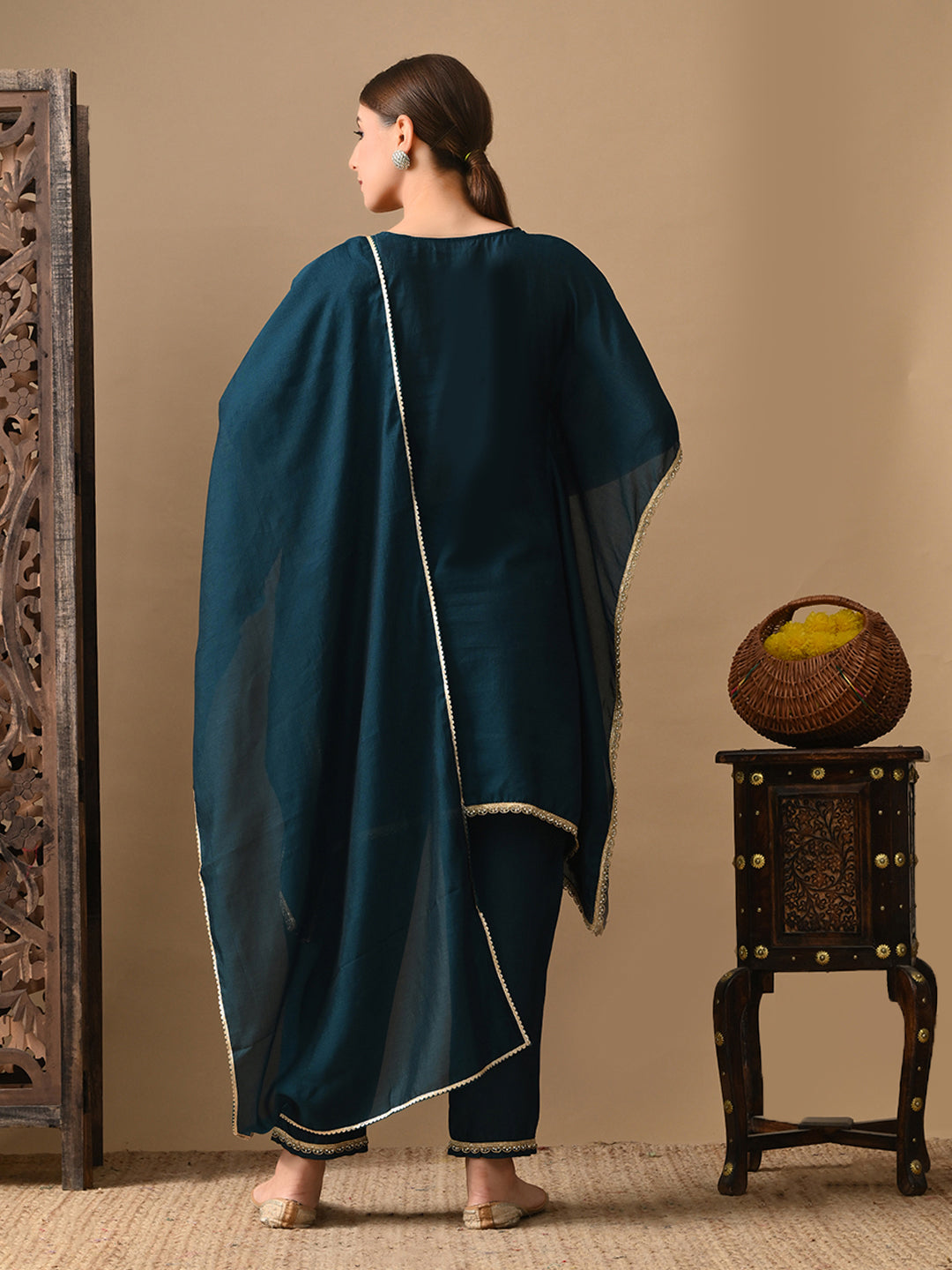 Myshka Green Silk Blend Kaftan Sweetheart Neck Short Sleeves Kurta Trousers With Dupatta - Swadesiicart