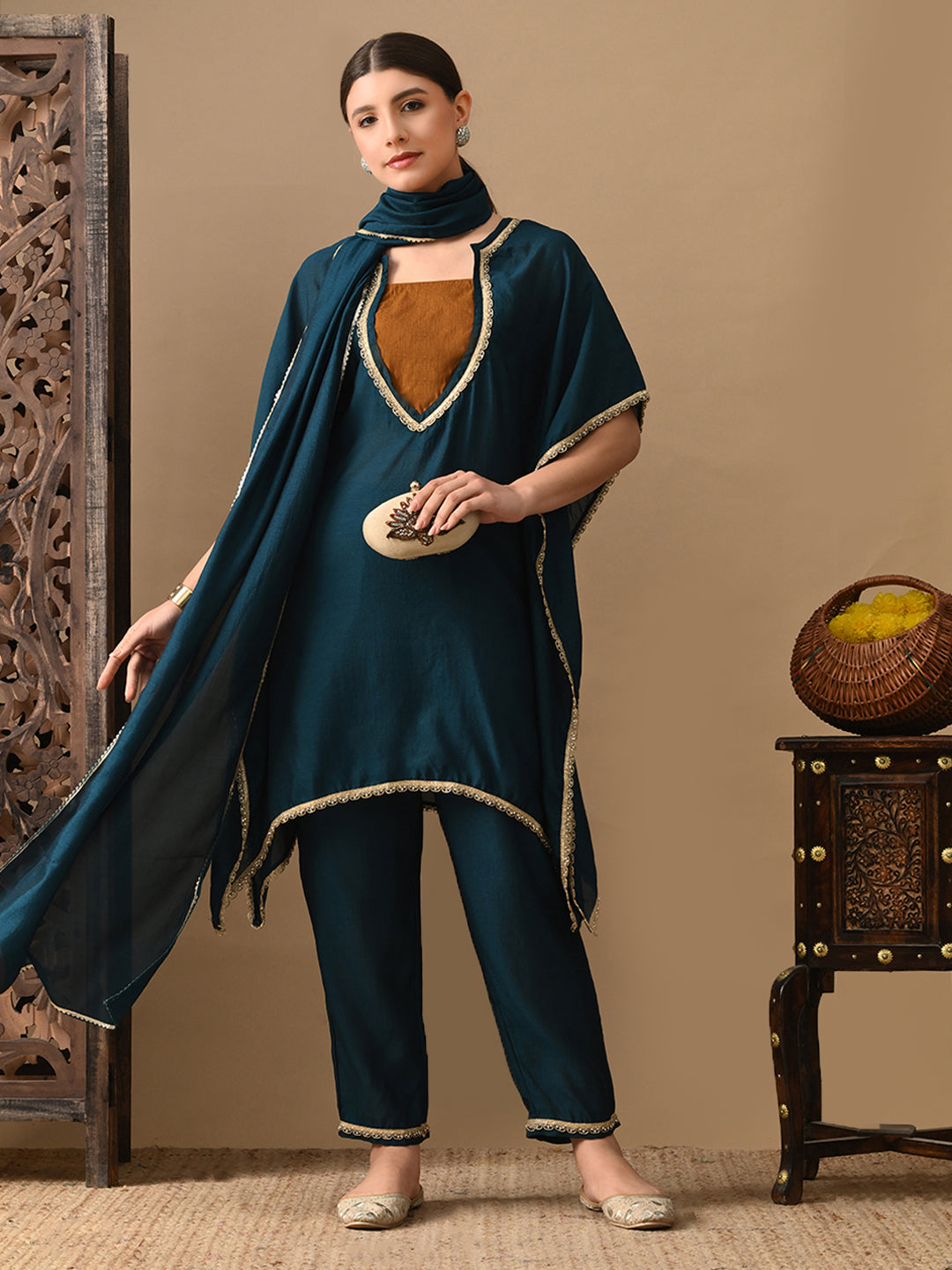 Myshka Green Silk Blend Kaftan Sweetheart Neck Short Sleeves Kurta Trousers With Dupatta - Swadesiicart